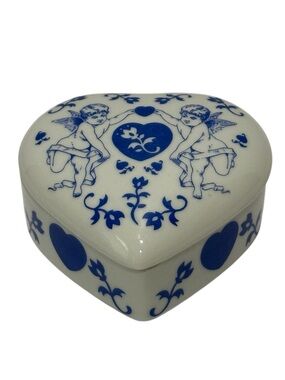 Vintage Heart Shaped Porcelain Romantic Cherub Floral Trinket Box White Blue